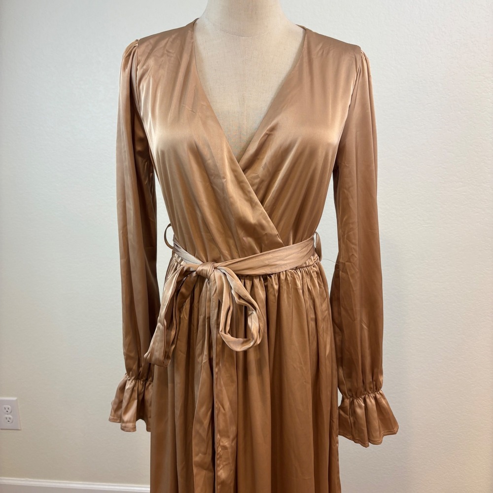 Baltic Born Katya Maxi Dress Women M Gold NWT Satin Ruffle Wrap Gown DD1175 - Picture 3 of 8
